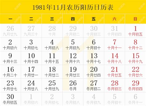 1981年11月11日|1981年日历表,1981年农历表（阴历阳历节日对照表）